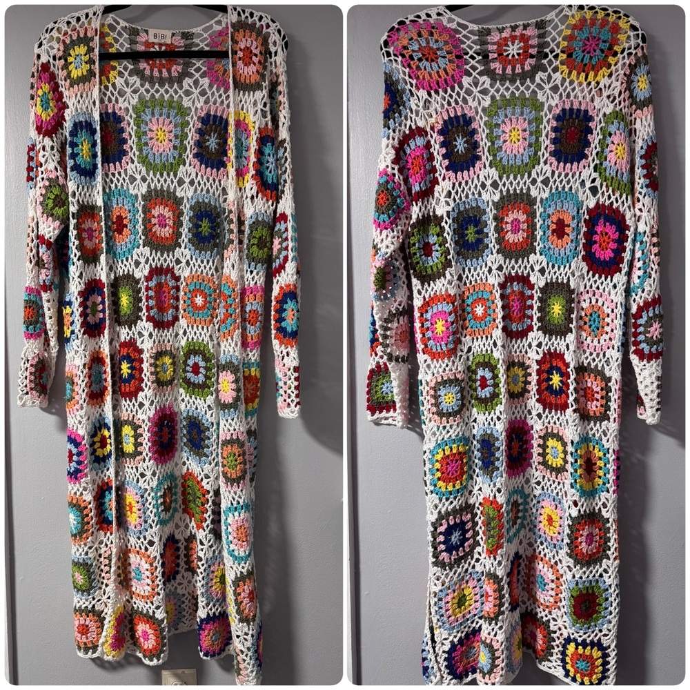 BIBI Handmade Granny Square Crochet Cardigan swim suit coverup long cardigan L - Picture 5 of 12